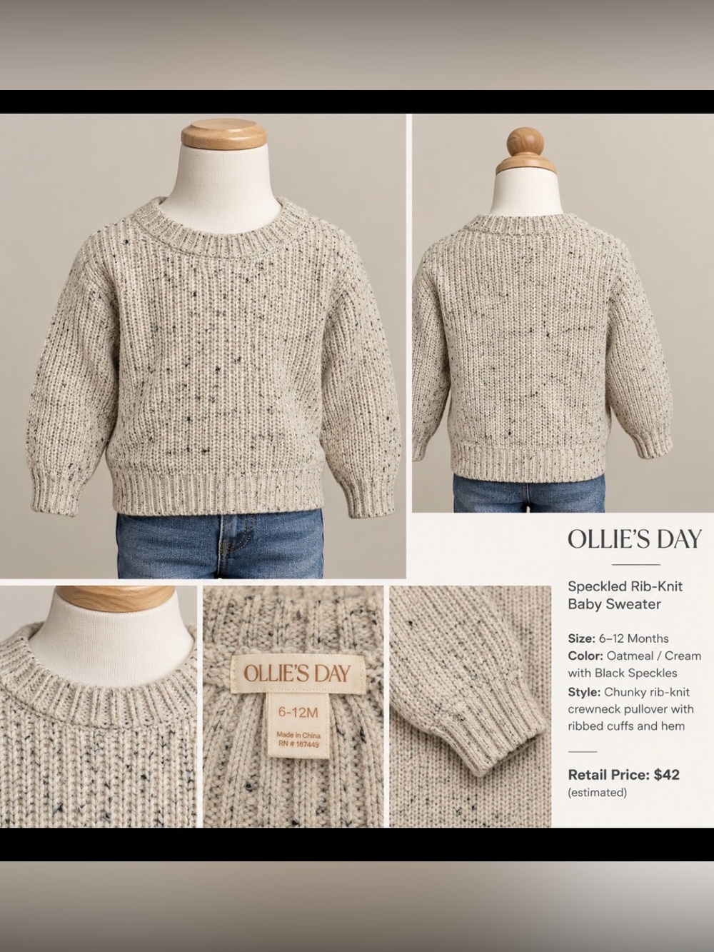 Ollie’s Day Baby Speckled Cream Rib-Knit Crewneck Sweater